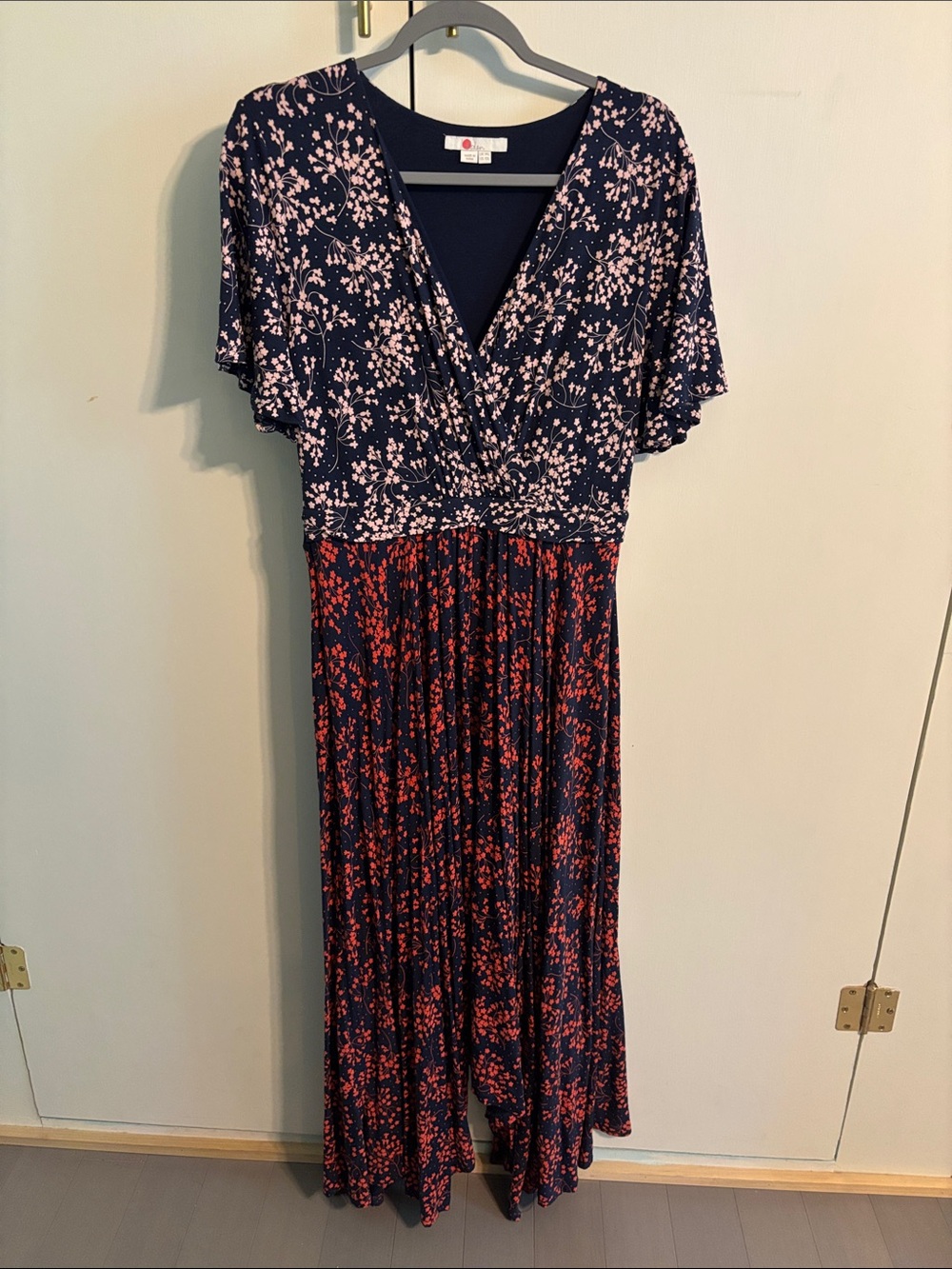 Boden Navy Maxi Dress with Pink and Red Floral Print